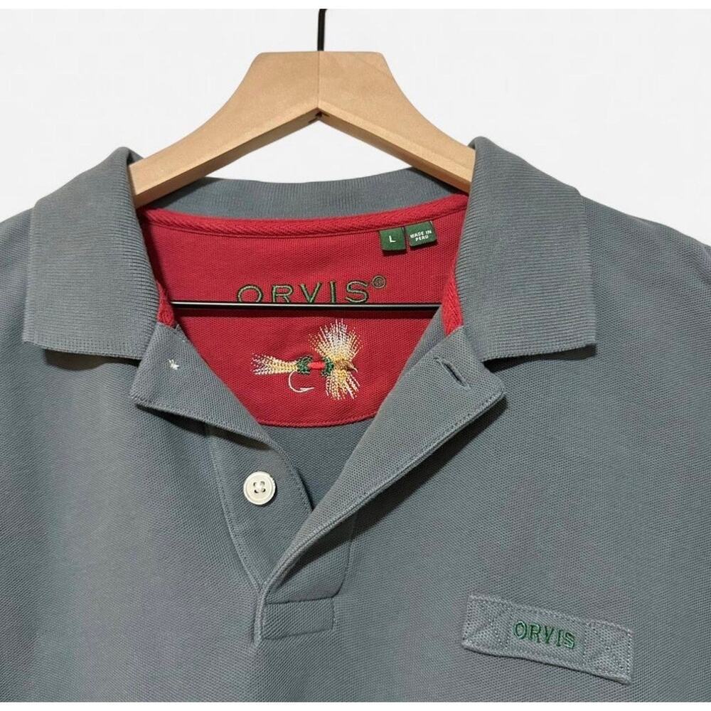 Orvis Fly Fishing Polo Shirt Long Sleeve Gray Trout Fly Embroidered Men’s Large